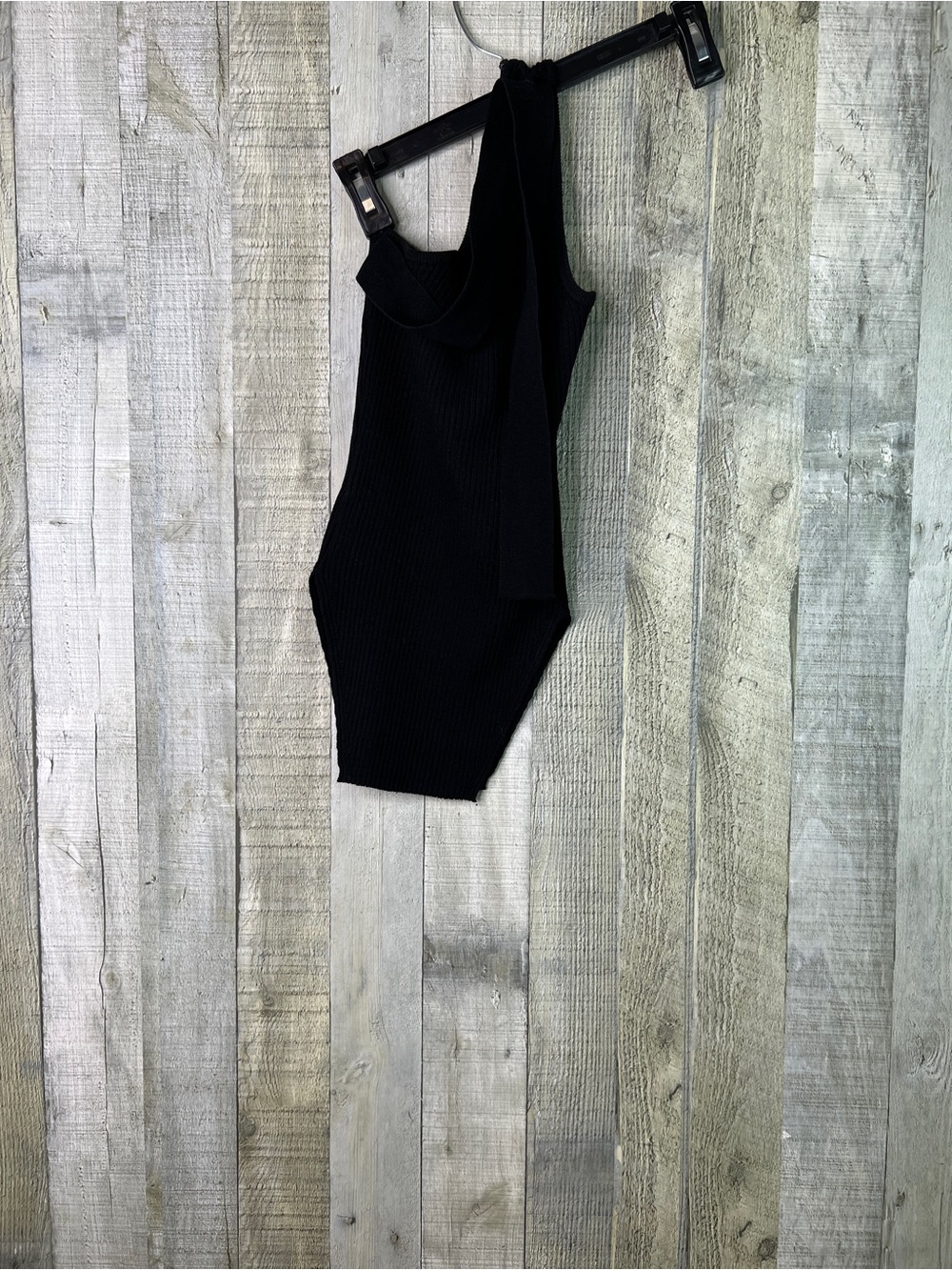 Commense Small One Shoulder Ribbed Knit Top Lightweight Black